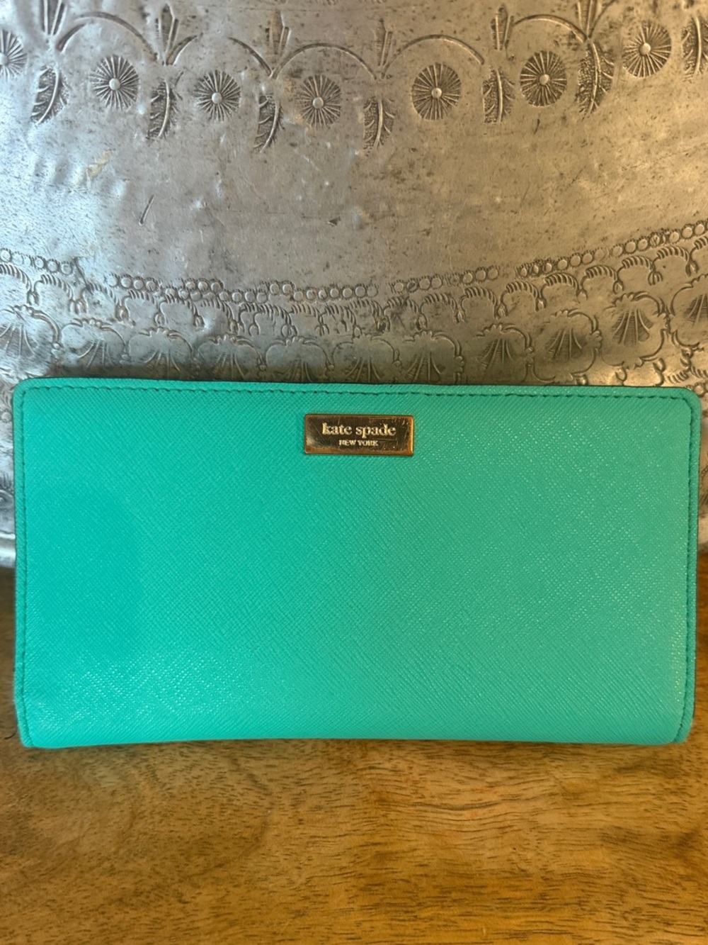 kate spade turquoise saffiano continental wallet with gold logo